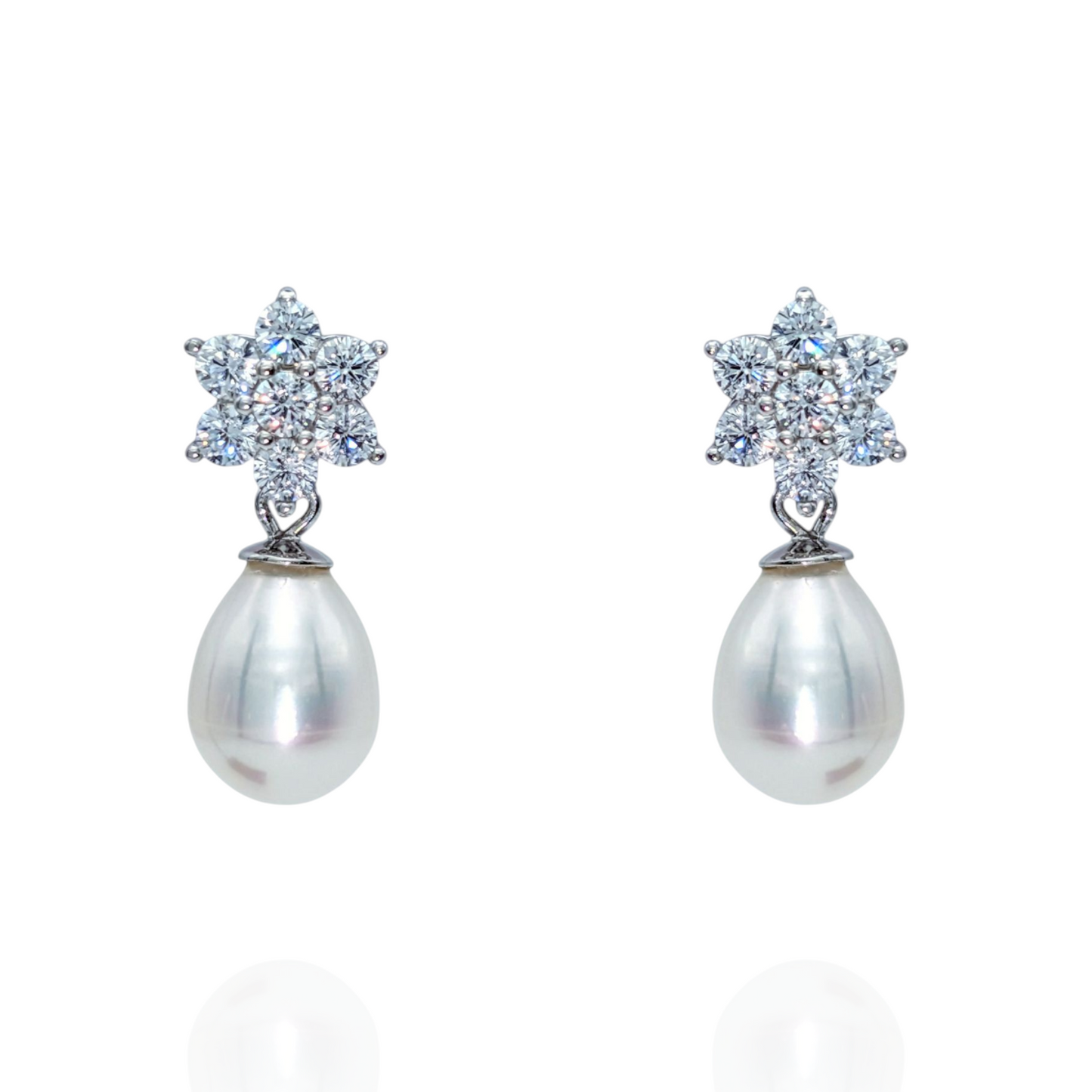 Boucles d'Oreilles Argent 925 Rhodié Fleurs Perles Oxydes Zirconium