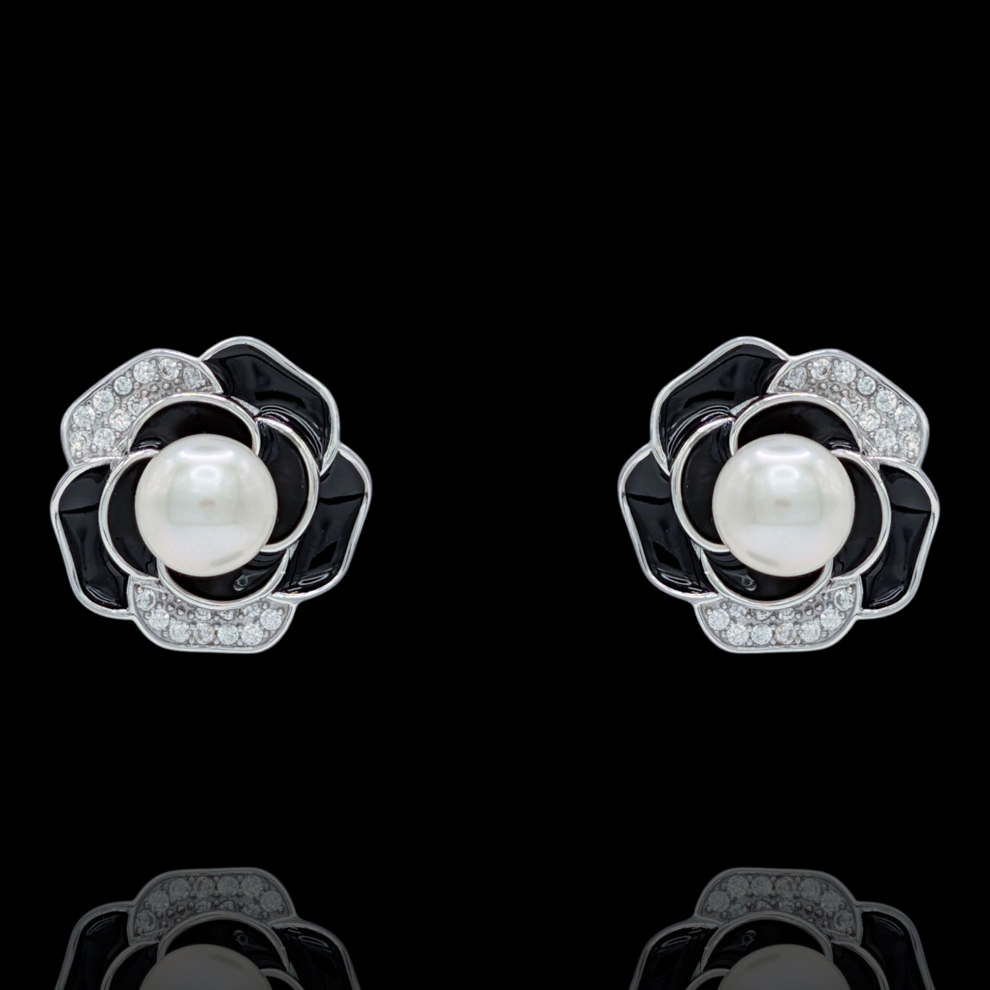 Boucles d'Oreilles Fleur Noire Argent 925 Rhodié, Perle et Oxyde de Zirconium