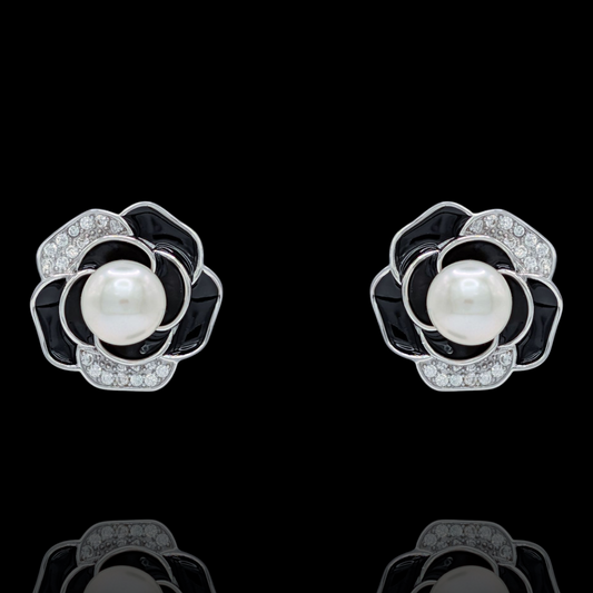 Boucles d'Oreilles Fleur Noire Argent 925 Rhodié, Perle et Oxyde de Zirconium