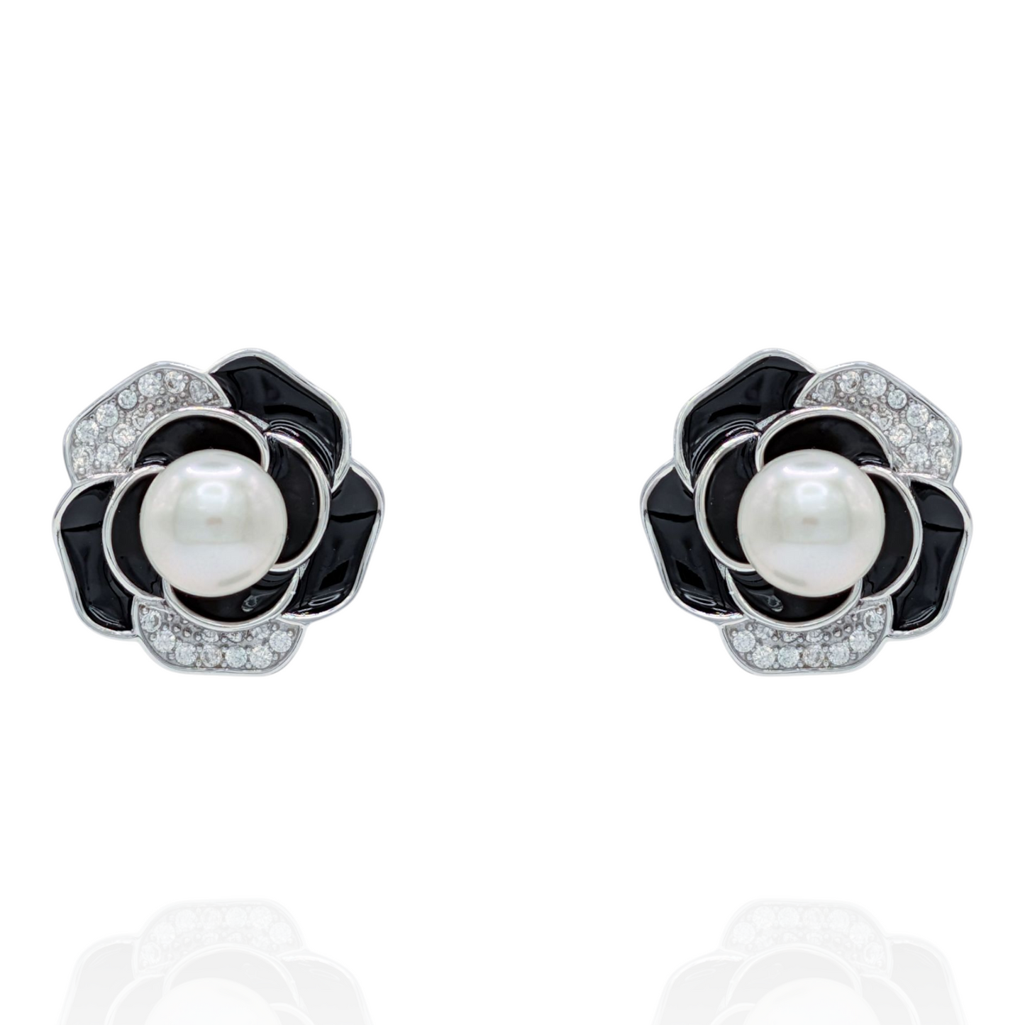 Boucles d'Oreilles Fleur Noire Argent 925 Rhodié, Perle et Oxyde de Zirconium