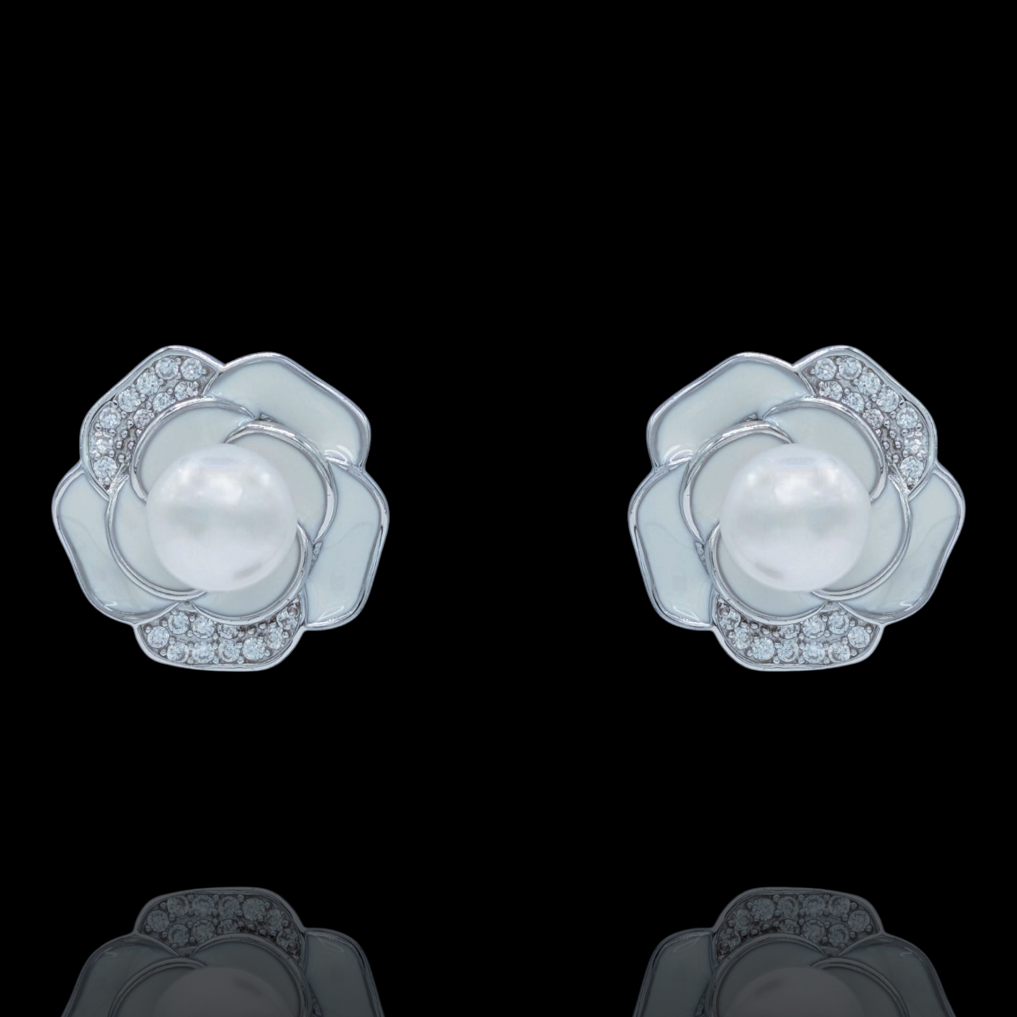 Boucles d'Oreilles Fleur Blanche Argent 925 Rhodié, Perle et Oxyde de Zirconium