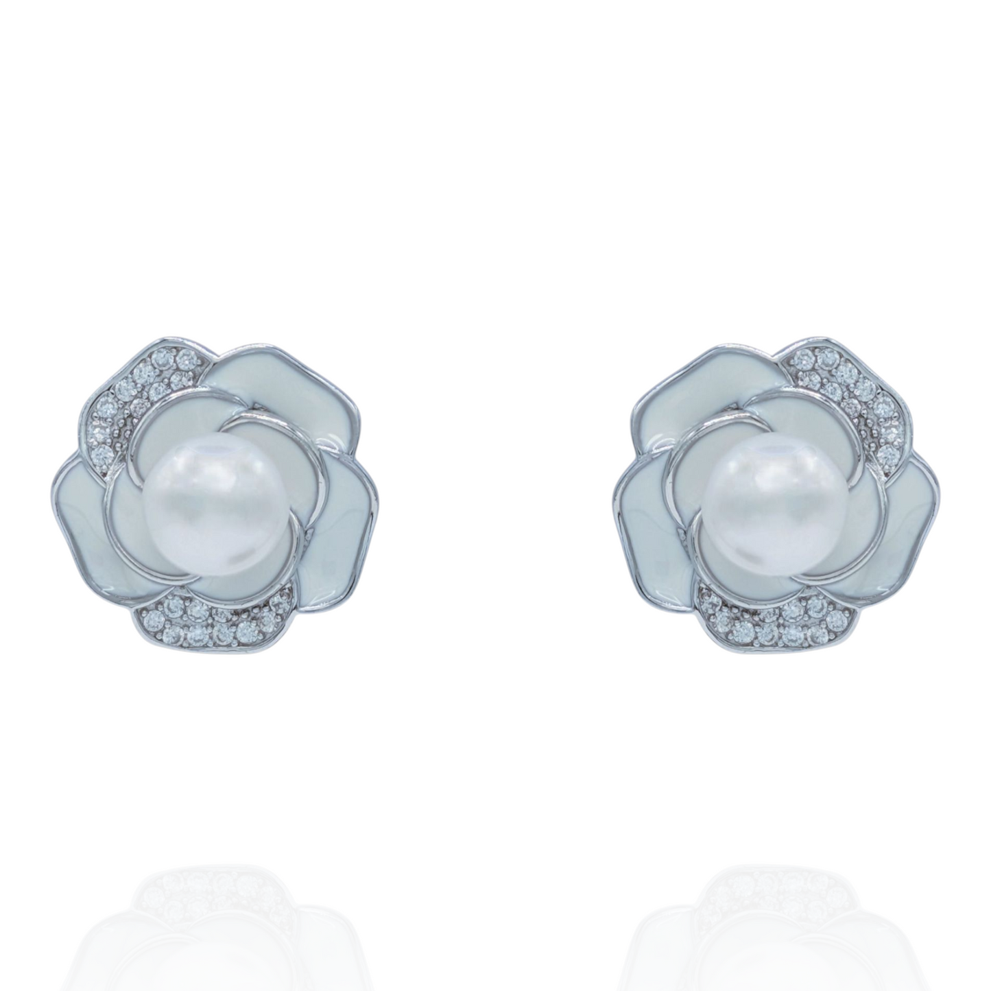 Boucles d'Oreilles Fleur Blanche Argent 925 Rhodié, Perle et Oxyde de Zirconium