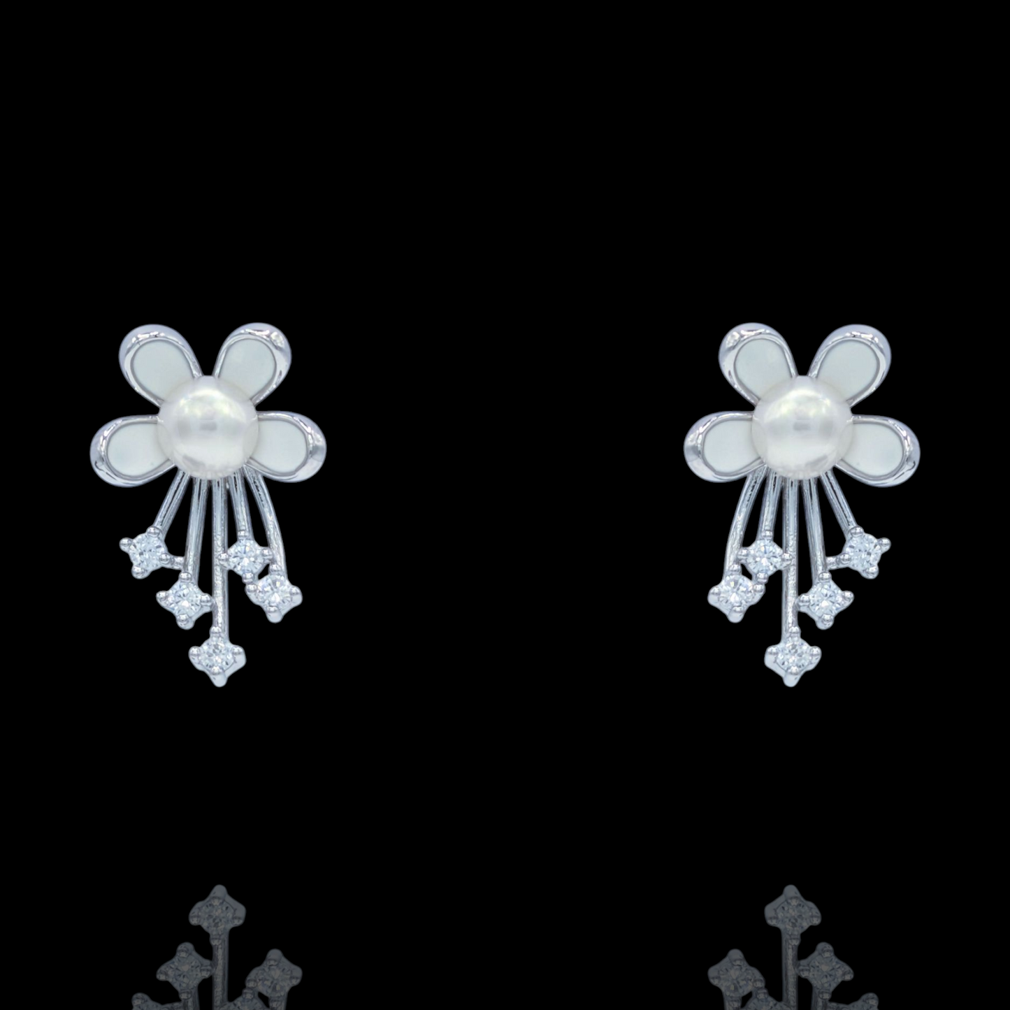 Boucles d'Oreilles Fleur Argent 925 Rhodié Perle Oxydes de Zirconium