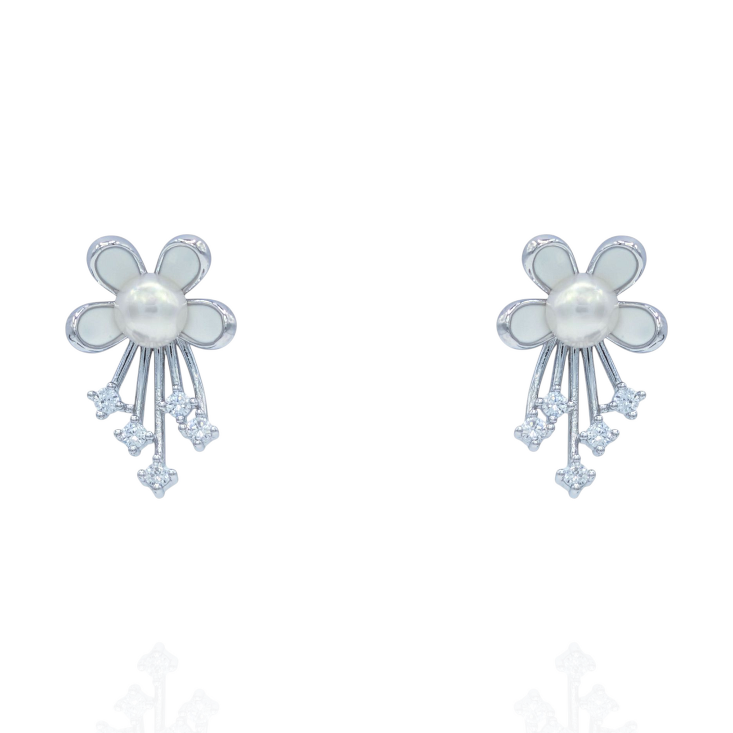 Boucles d'Oreilles Fleur Argent 925 Rhodié Perle Oxydes de Zirconium