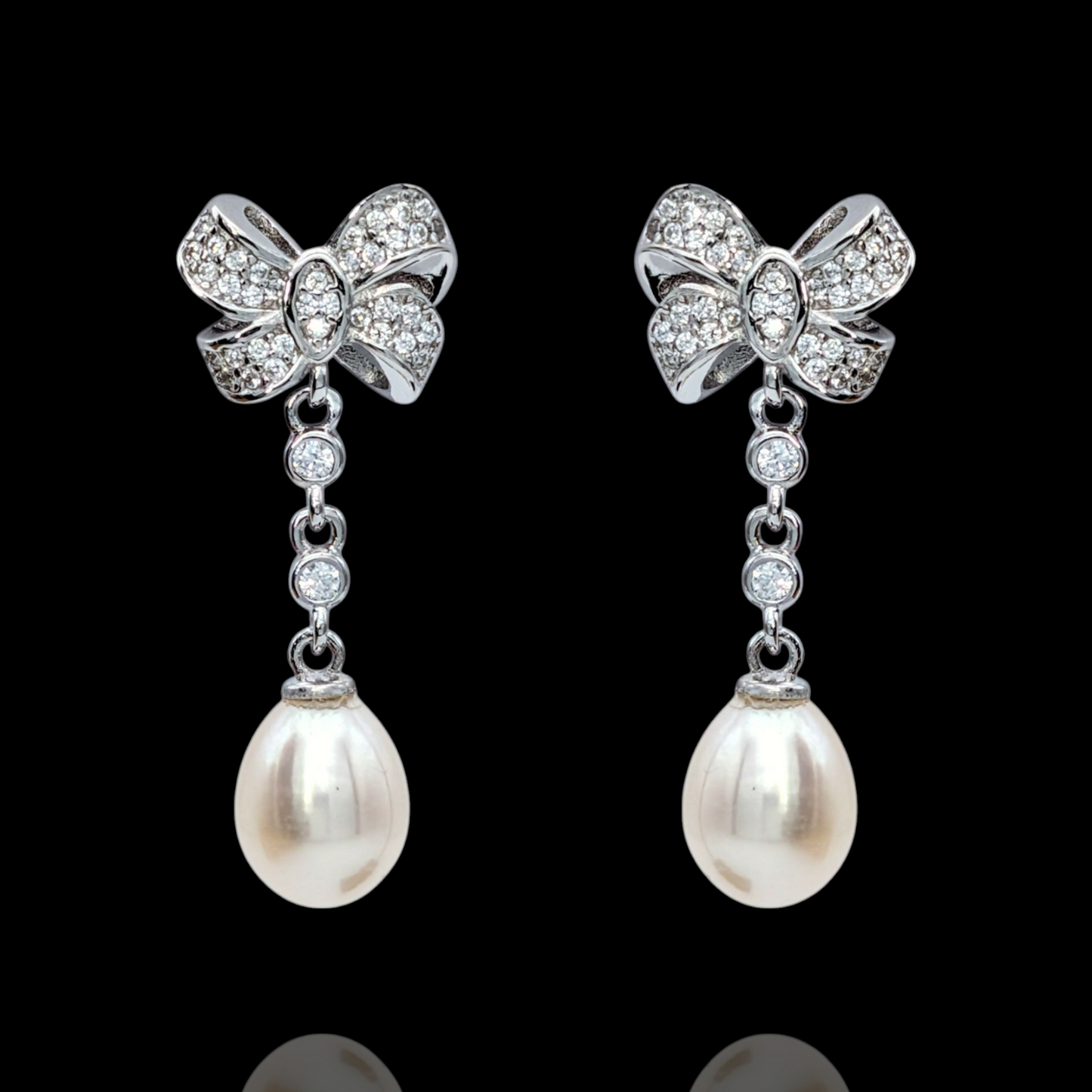 Boucles d'Oreilles Argent 925 Rhodié Nœuds Perles Oxydes Zirconium
