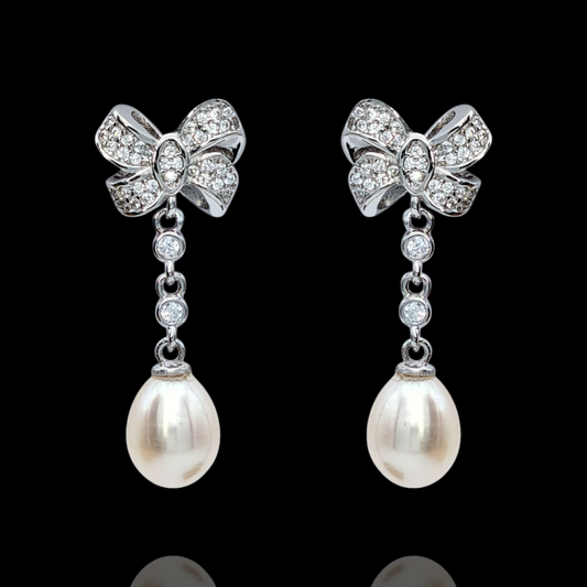 Boucles d'Oreilles Argent 925 Rhodié Nœuds Perles Oxydes Zirconium