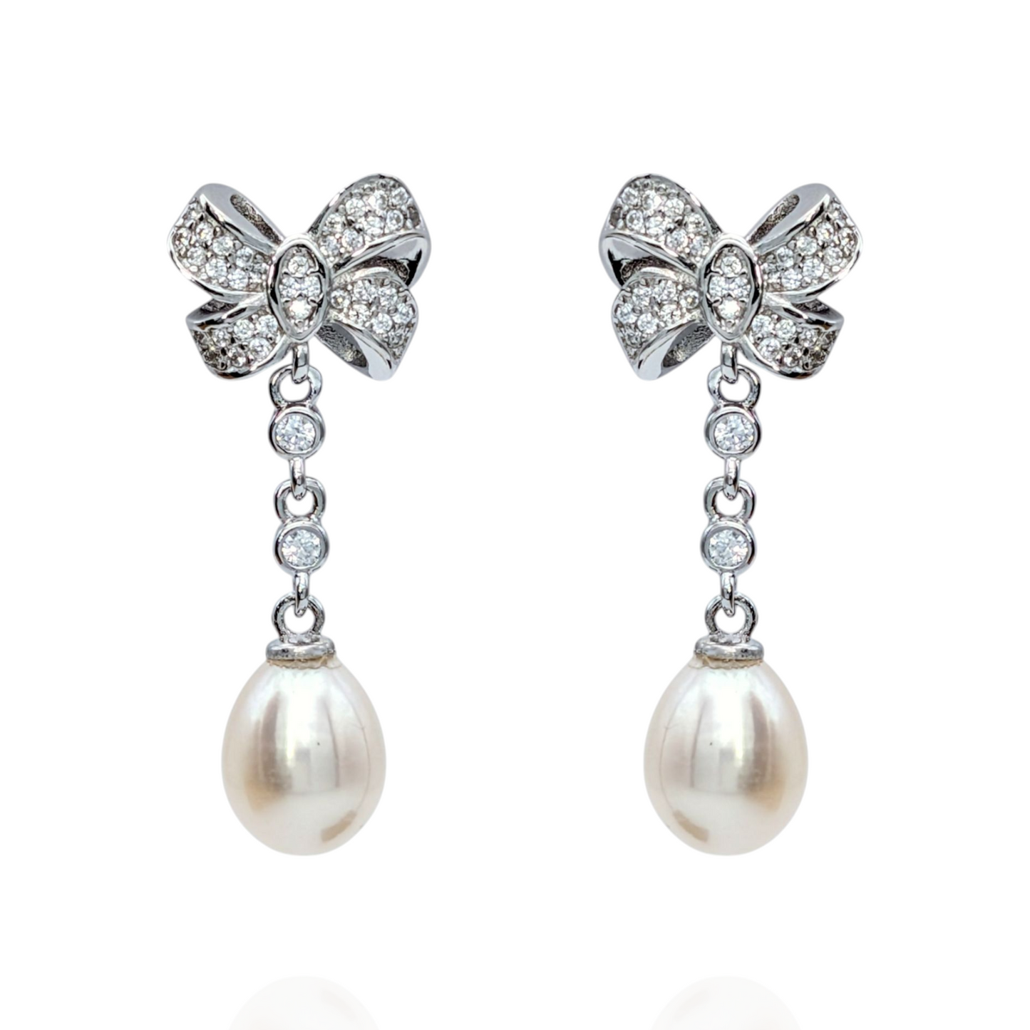 Boucles d'Oreilles Argent 925 Rhodié Nœuds Perles Oxydes Zirconium