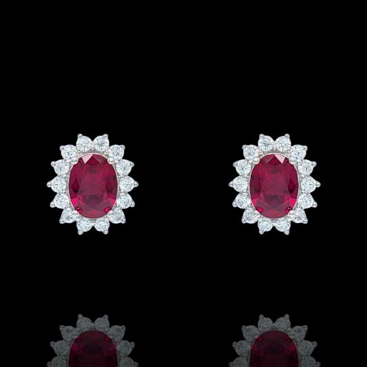 Boucles d'Oreilles Argent 925 Rhodié Corindon Rouge Serti Oxyde Zirconium