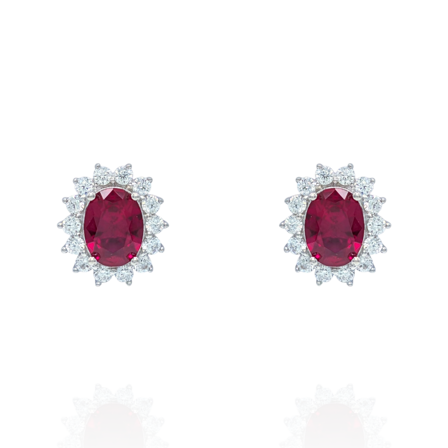 Boucles d'Oreilles Argent 925 Rhodié Corindon Rouge Serti Oxyde Zirconium