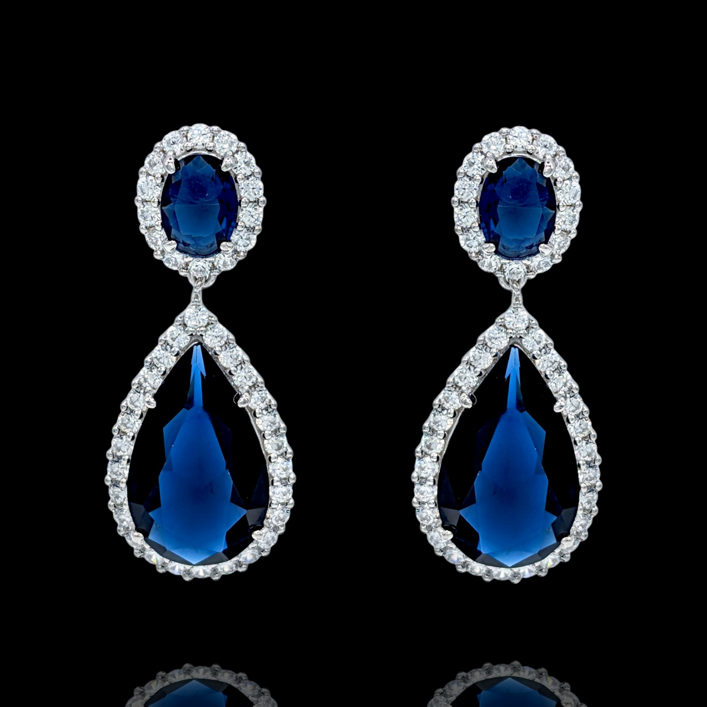 Boucles d'Oreilles Argent 925 Rhodié Pendantes Corindons Bleus Oxydes Zirconium