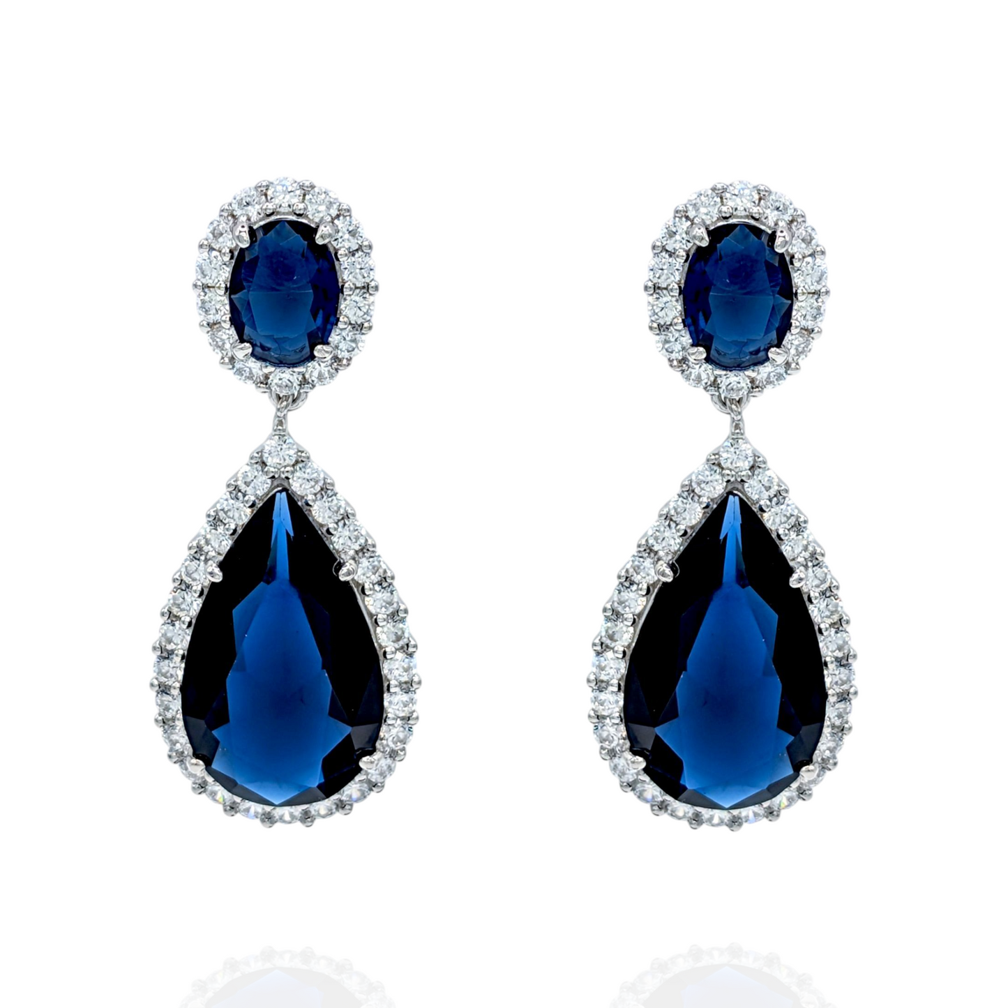 Boucles d'Oreilles Argent 925 Rhodié Pendantes Corindons Bleus Oxydes Zirconium