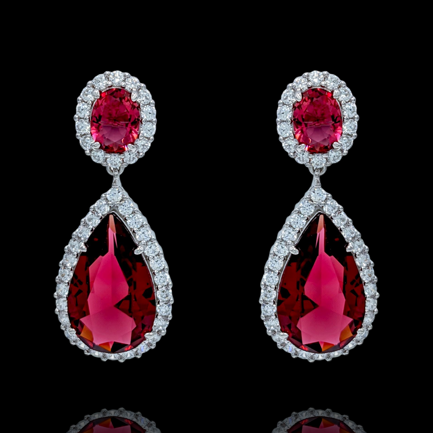 Boucles d'Oreilles Argent 925 Rhodié Pendantes Corindons Rouges Oxydes Zirconium