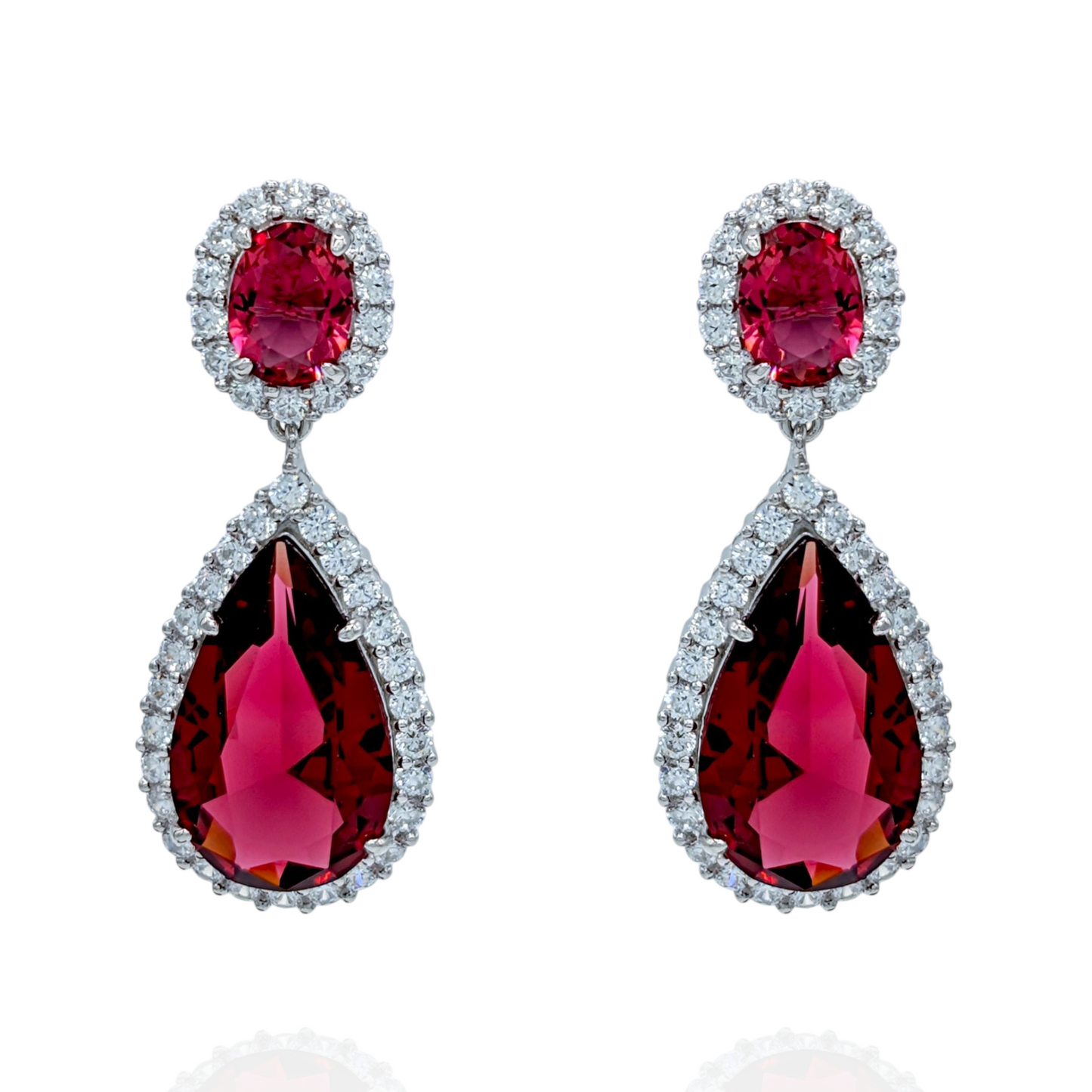 Boucles d'Oreilles Argent 925 Rhodié Pendantes Corindons Rouges Oxydes Zirconium