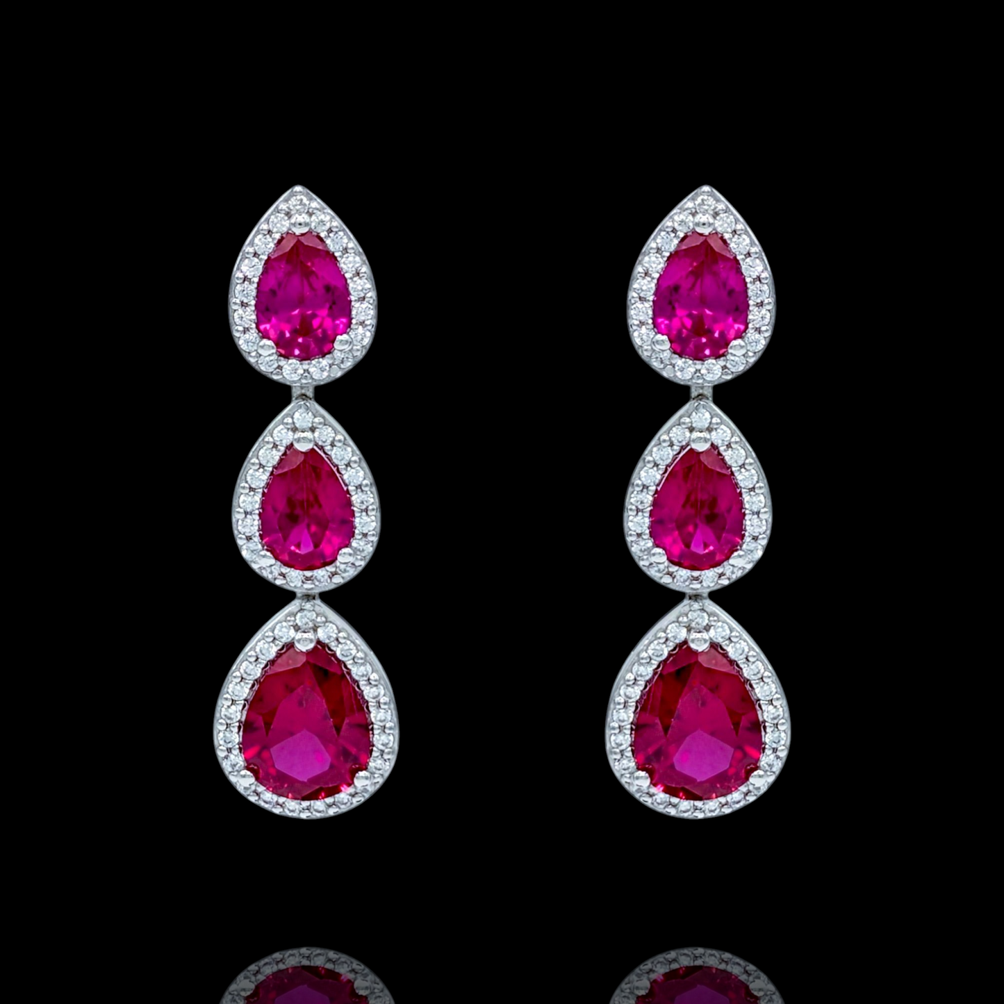 Boucles d'Oreilles Argent 925 Rhodié Pendantes Corindons Rouges