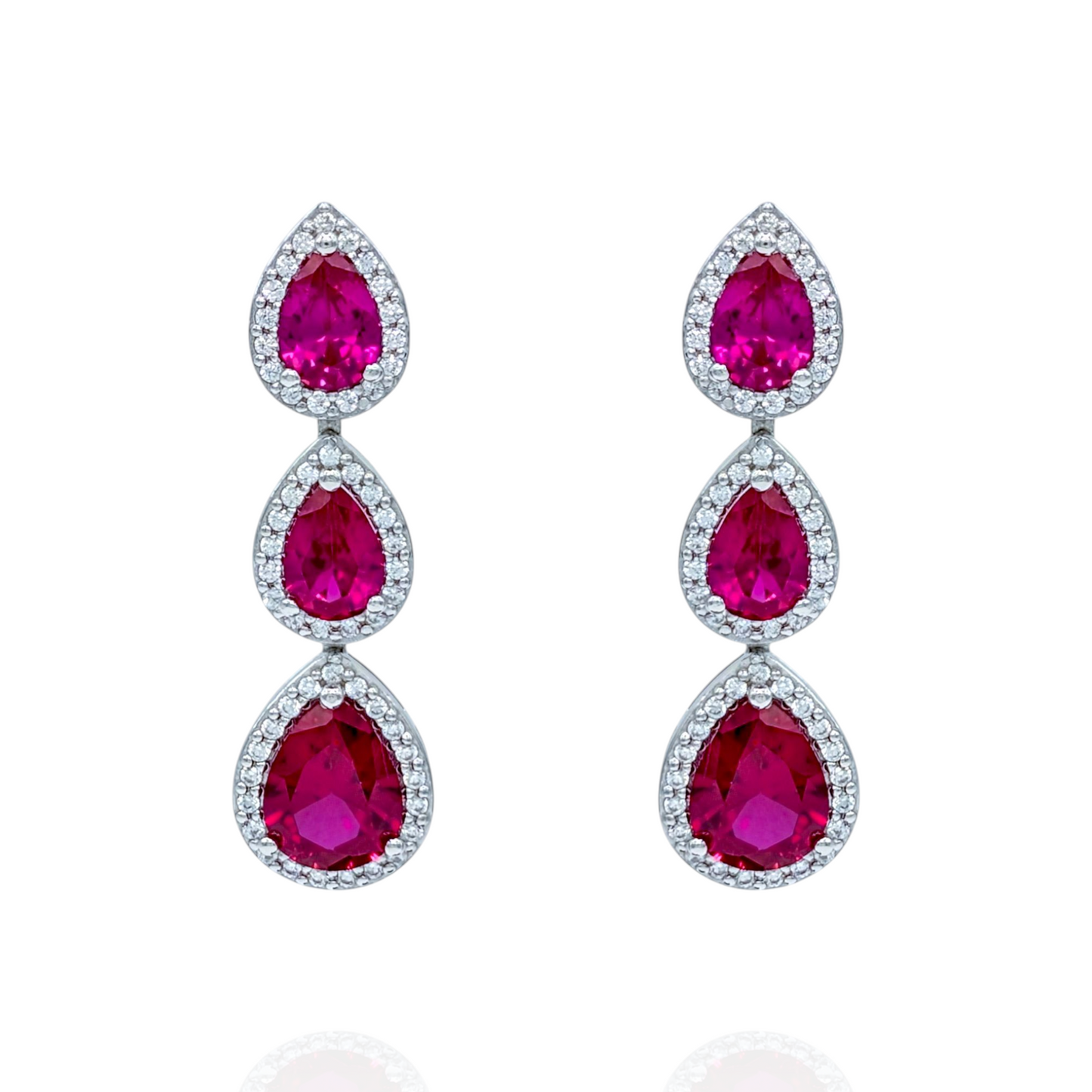 Boucles d'Oreilles Argent 925 Rhodié Pendantes Corindons Rouges
