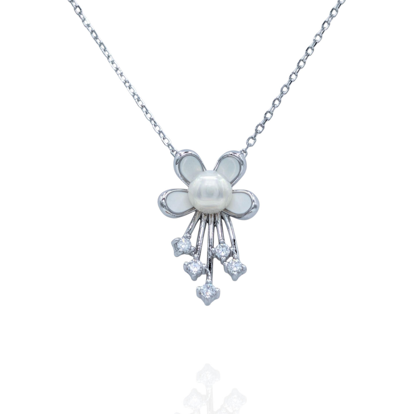 Collier Pendentif Fleur Argent 925 Rhodié Perle Blanche Oxyde Zirconium