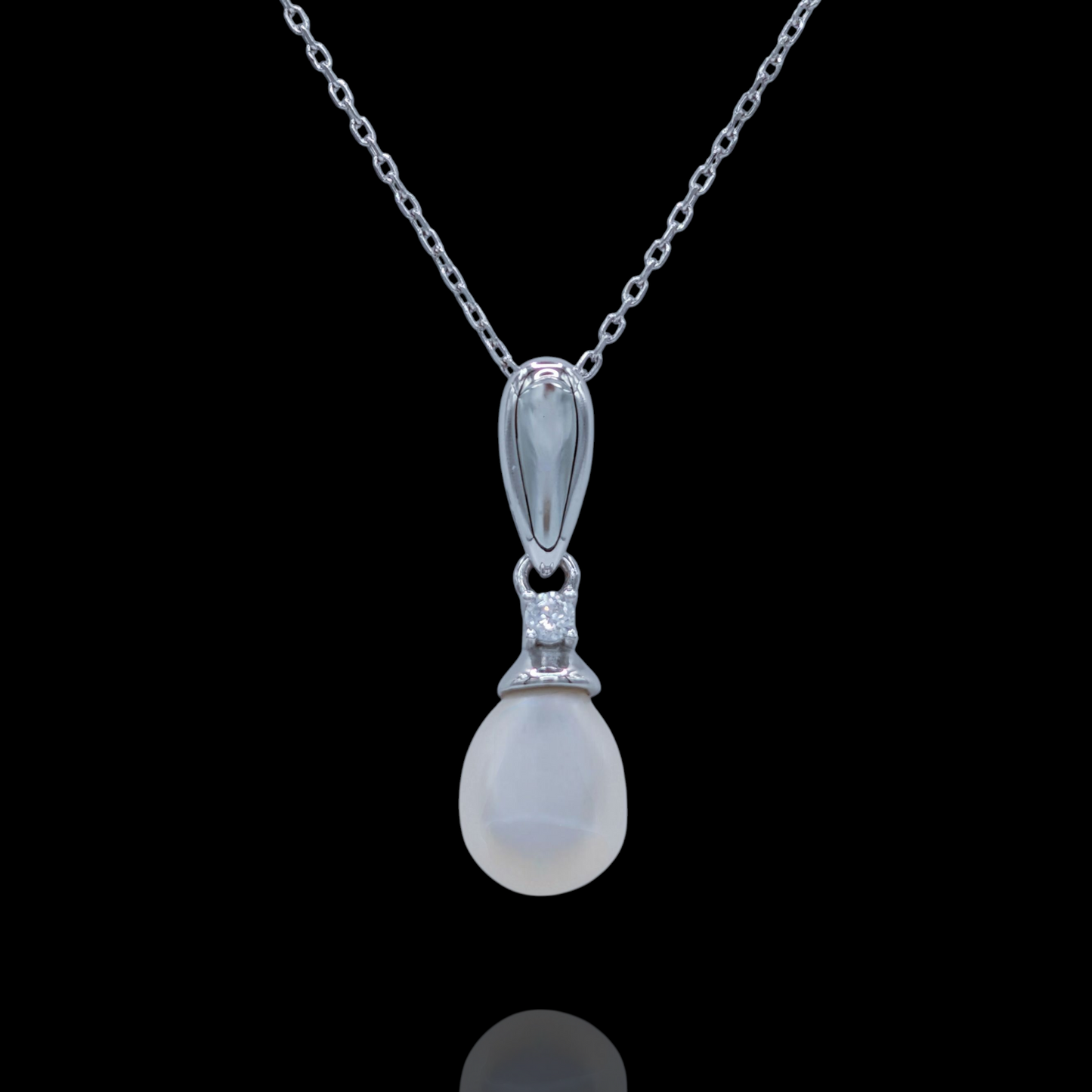 Collier Pendentif Argent 925 Rhodié Perle Sertie Oxyde Zirconium