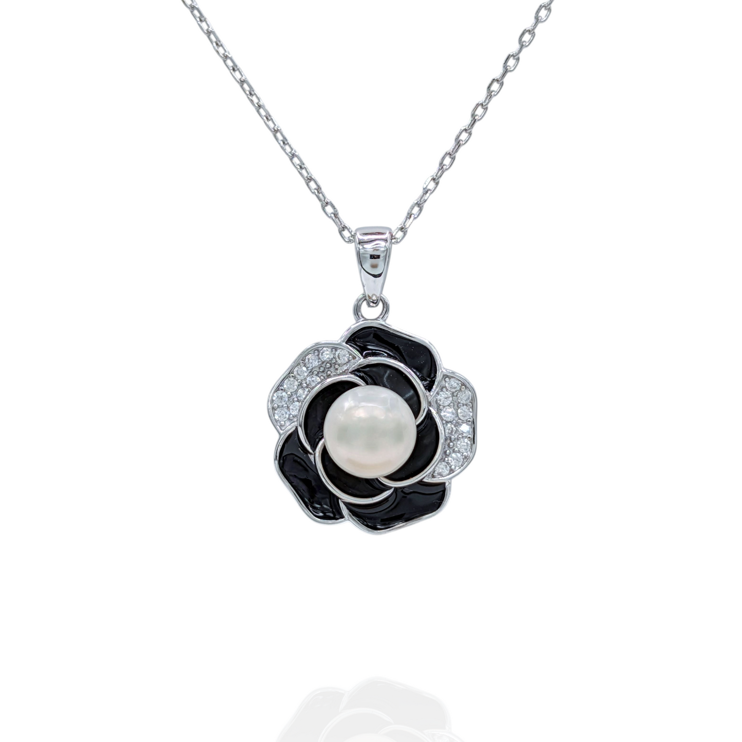 Collier Pendentif Fleur Noire Argent 925 Rhodié, Perle et Oxyde de Zirconium