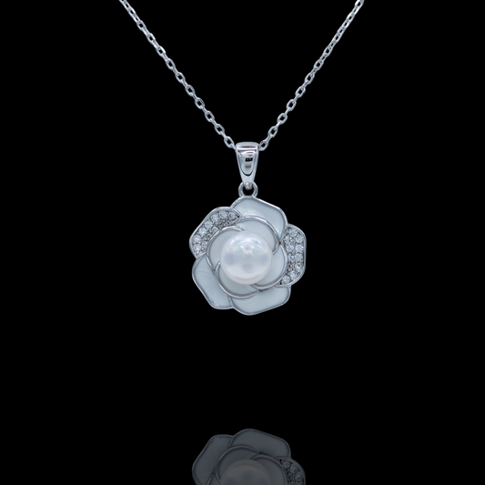 Collier Pendentif Fleur Blanche Argent 925 Rhodié, Perle et Oxyde de Zirconium