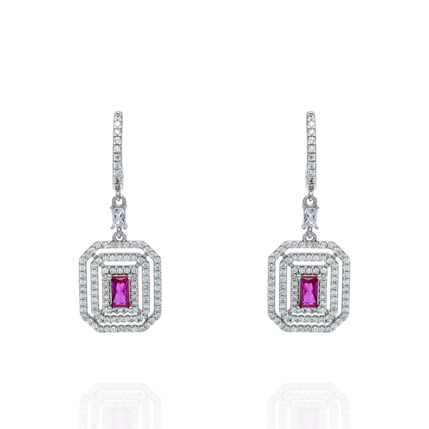 Boucles d'Oreilles Pendantes Argent 925 Rhodié Corindon Rubis et Zirconium