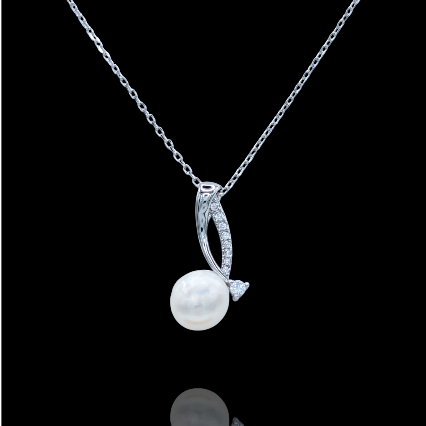 Collier Pendentif Argent 925 Rhodié Perle Naturelle et Zirconium Moderne