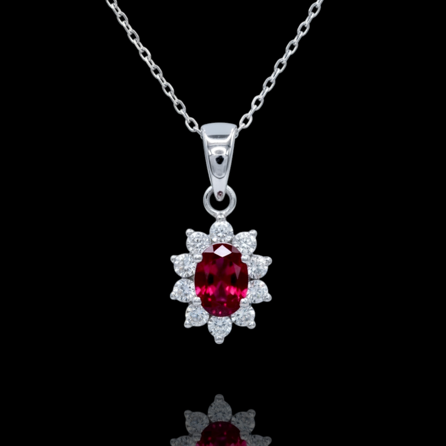 Halskette Silber 925 rhodiniert mit synthetischem rotem Korund und Zirkonia