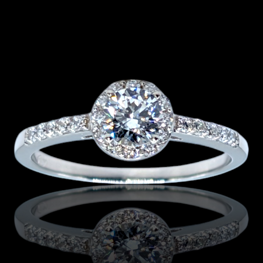 Halo-Solitärring aus rhodiniertem 925er Sterlingsilber mit weißen Zirkonia