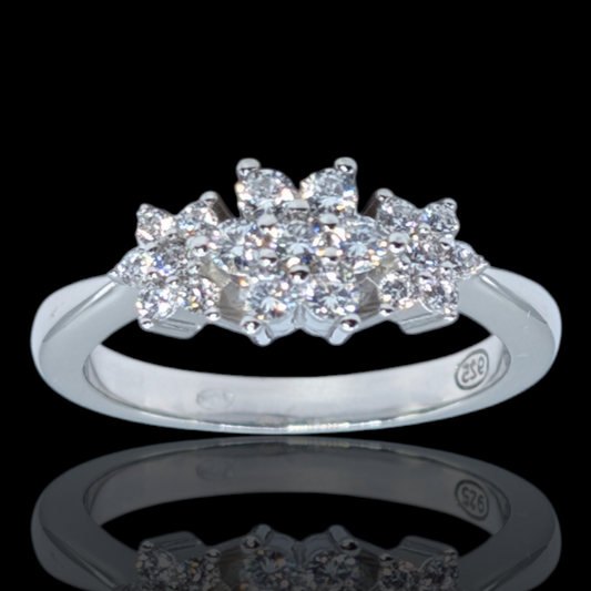 Bague bouquet floral en argent 925 rhodié et oxydes de zirconium blancs