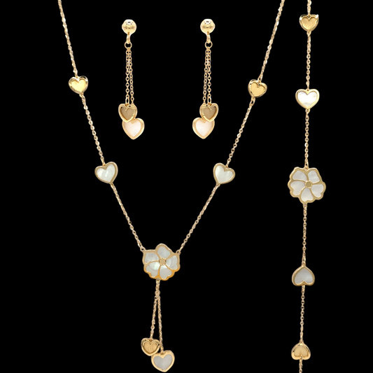 Schmuckset aus 750er Gold, verziert mit Blumen und Herzen aus Perlmutt