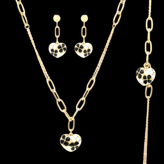 Schmuckset aus 750er Gold mit zweifarbigen Herzmotiven aus Emaille