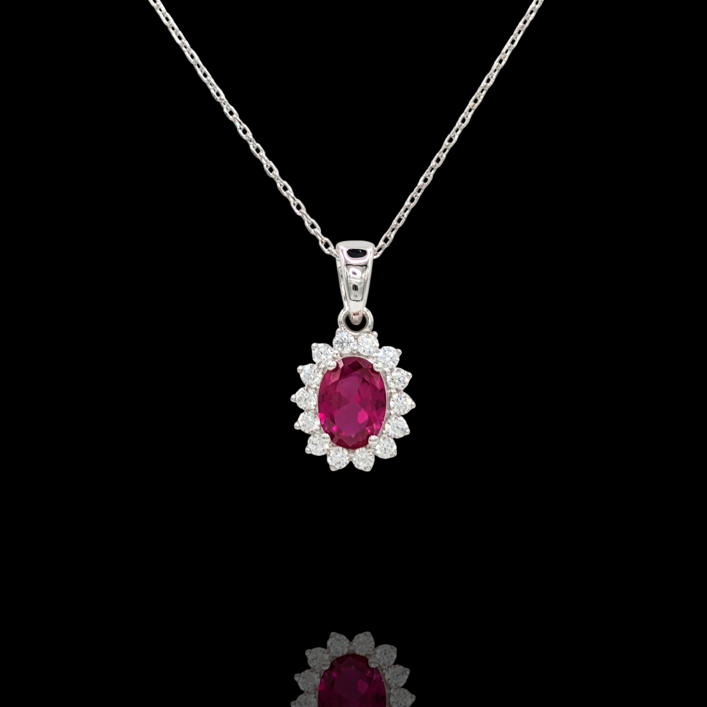 Collier Pendentif Argent 925 Rhodié Corindon Rouge Serti Oxyde Zirconium