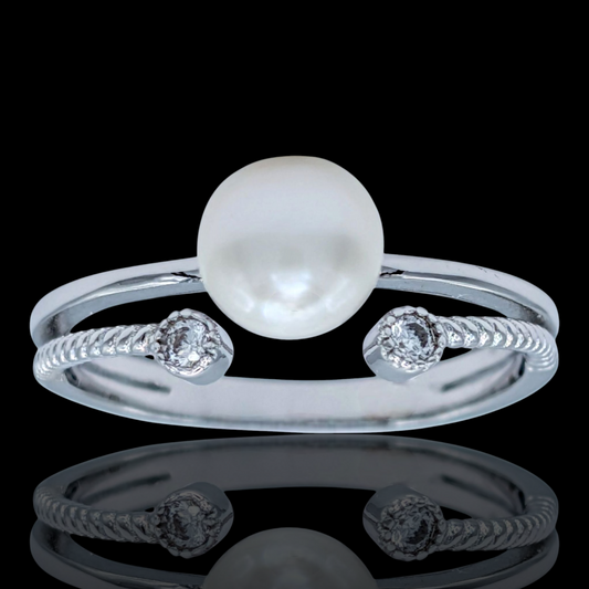 Bague argent 925 rhodié, perle et oxydes de zirconium blancs