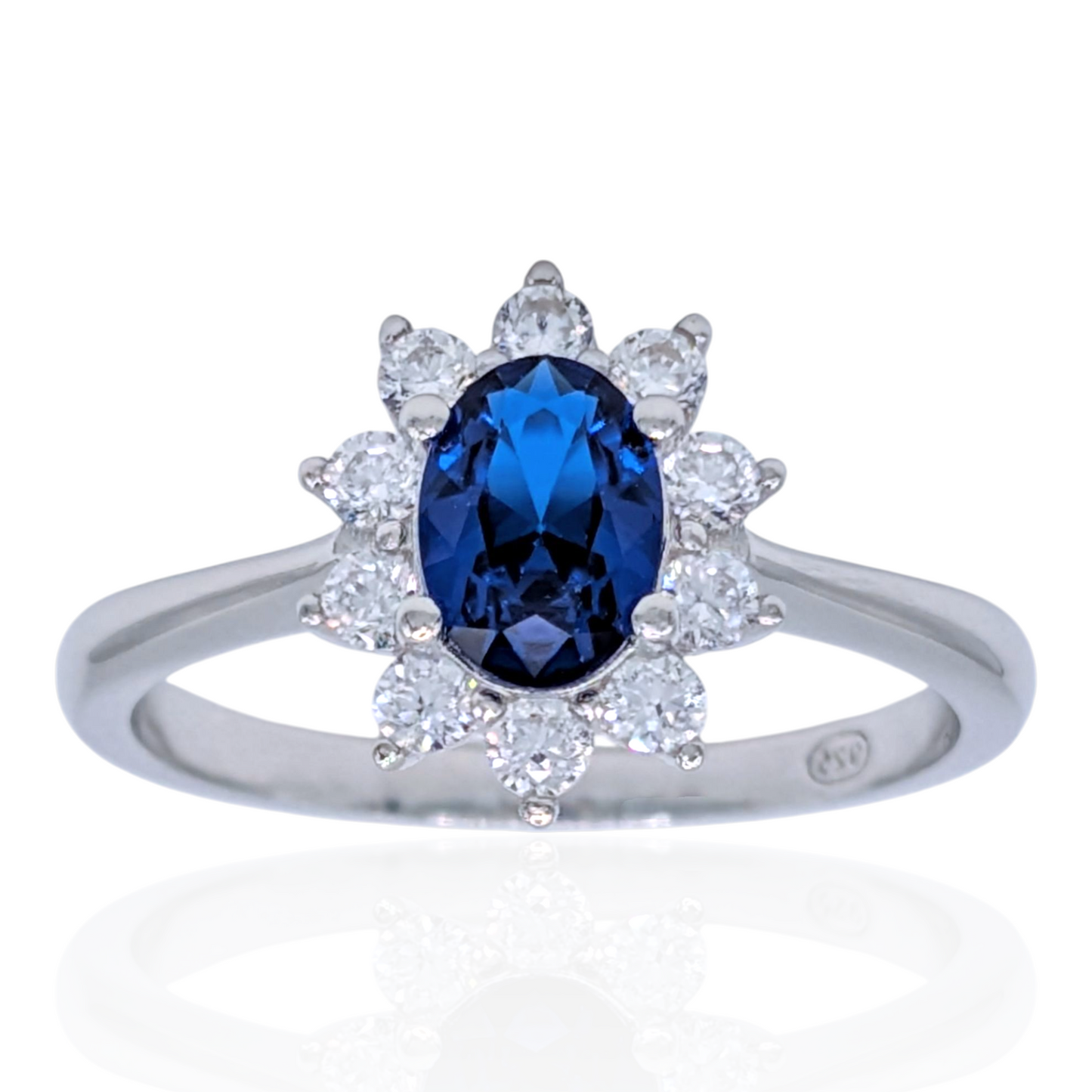 Bague Fleur Argent 925 Rhodié, Corindon Synthétique Bleu et Oxyde de Zirconium