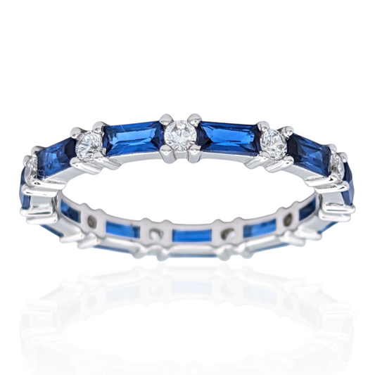 Bague Éternité Argent 925 Rhodié Corindon Bleu Baguette et Oxydes Zirconium
