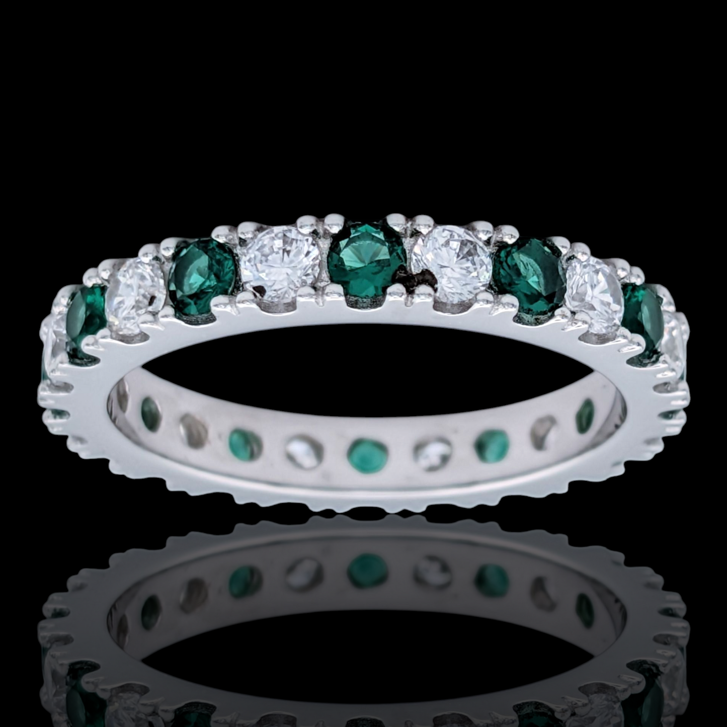 Bague Éternité Argent 925 Rhodié Pierres Vertes et Oxydes de Zirconium