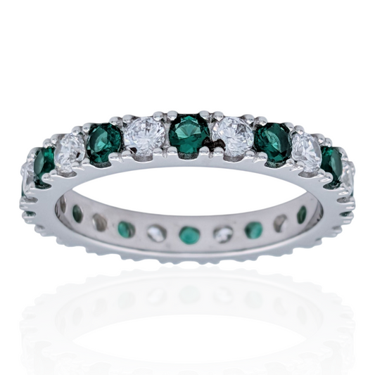 Bague Éternité Argent 925 Rhodié Pierres Vertes et Oxydes de Zirconium