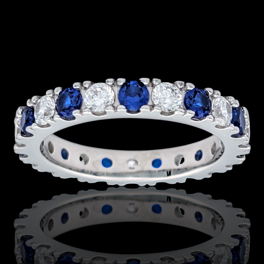 Bague Éternité Argent 925 Rhodié Corindon Bleu Oxydes de Zirconium