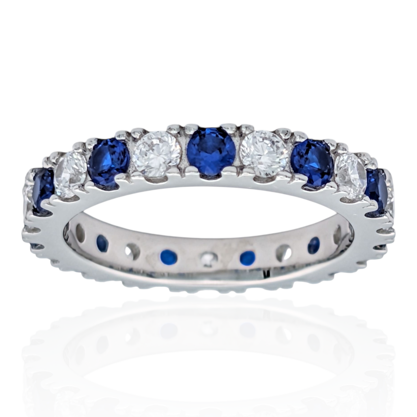 Bague Éternité Argent 925 Rhodié Corindon Bleu Oxydes de Zirconium