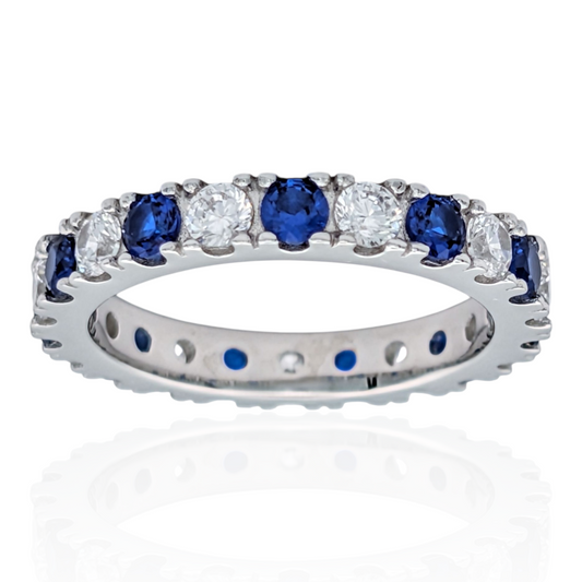 Bague Éternité Argent 925 Rhodié Corindon Bleu Oxydes de Zirconium