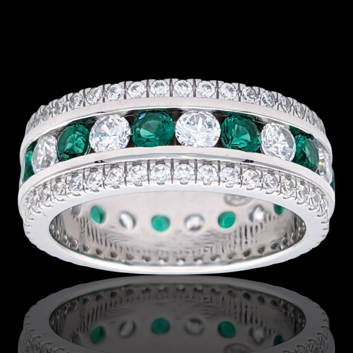 Bague Éternité Argent 925 Rhodié Pierres Vertes et Oxydes de Zirconium