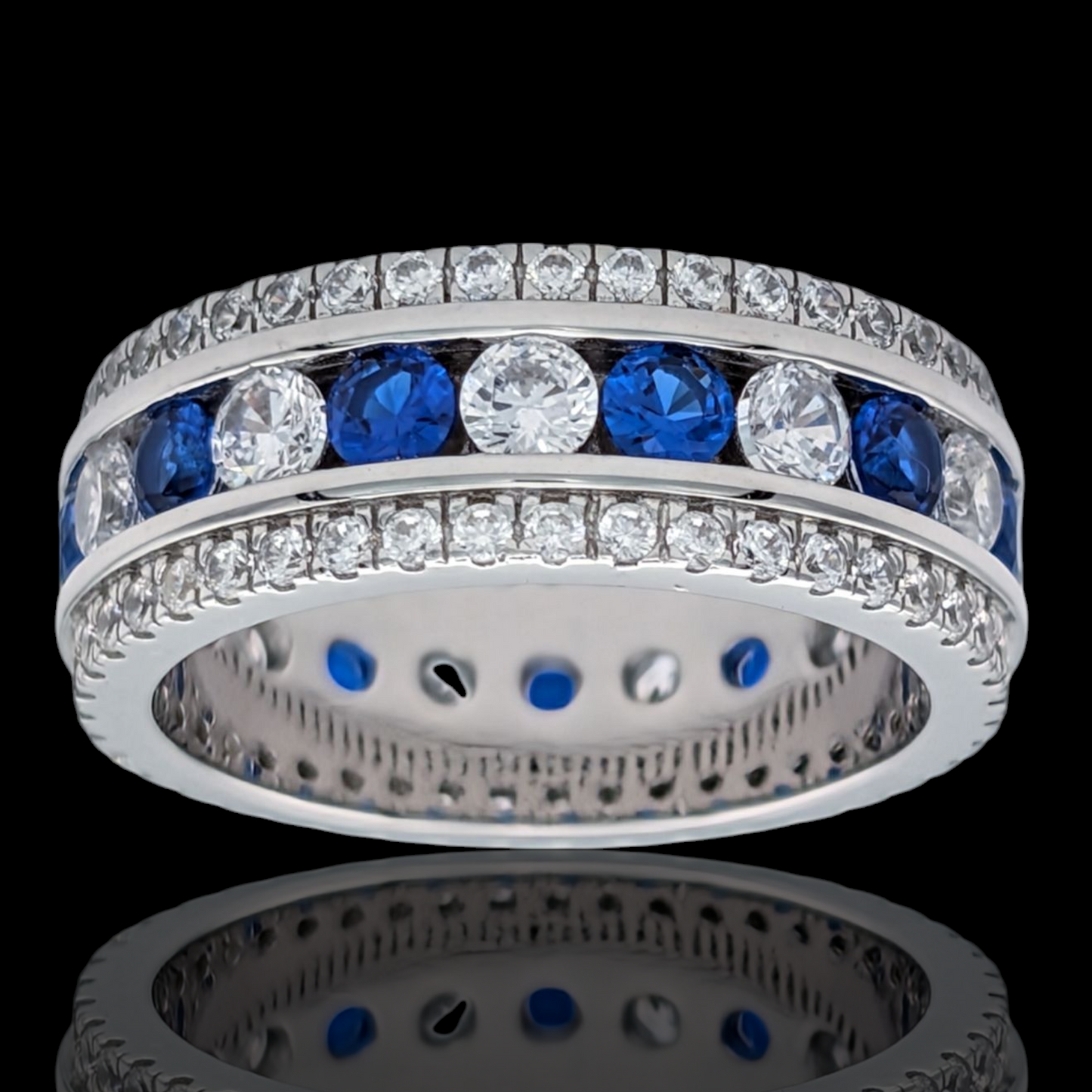 Bague Éternité Argent 925 Rhodié Corindon Bleu Oxydes de Zirconium