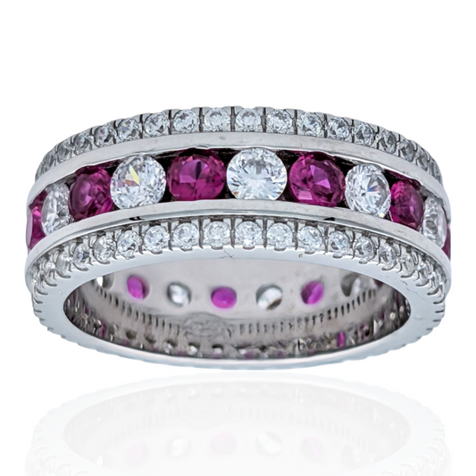 Bague Éternité Argent 925 Rhodié Corindon Rouge Oxydes de Zirconium