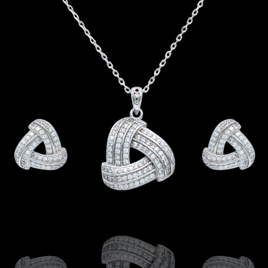 Parure Collier Boucles d'Oreilles Argent 925 Rhodié Motif Tressé Oxyde Zirconium