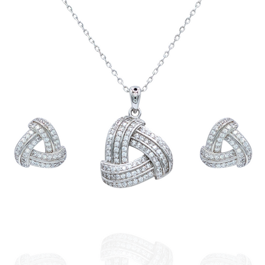 Parure Collier Boucles d'Oreilles Argent 925 Rhodié Motif Tressé Oxyde Zirconium