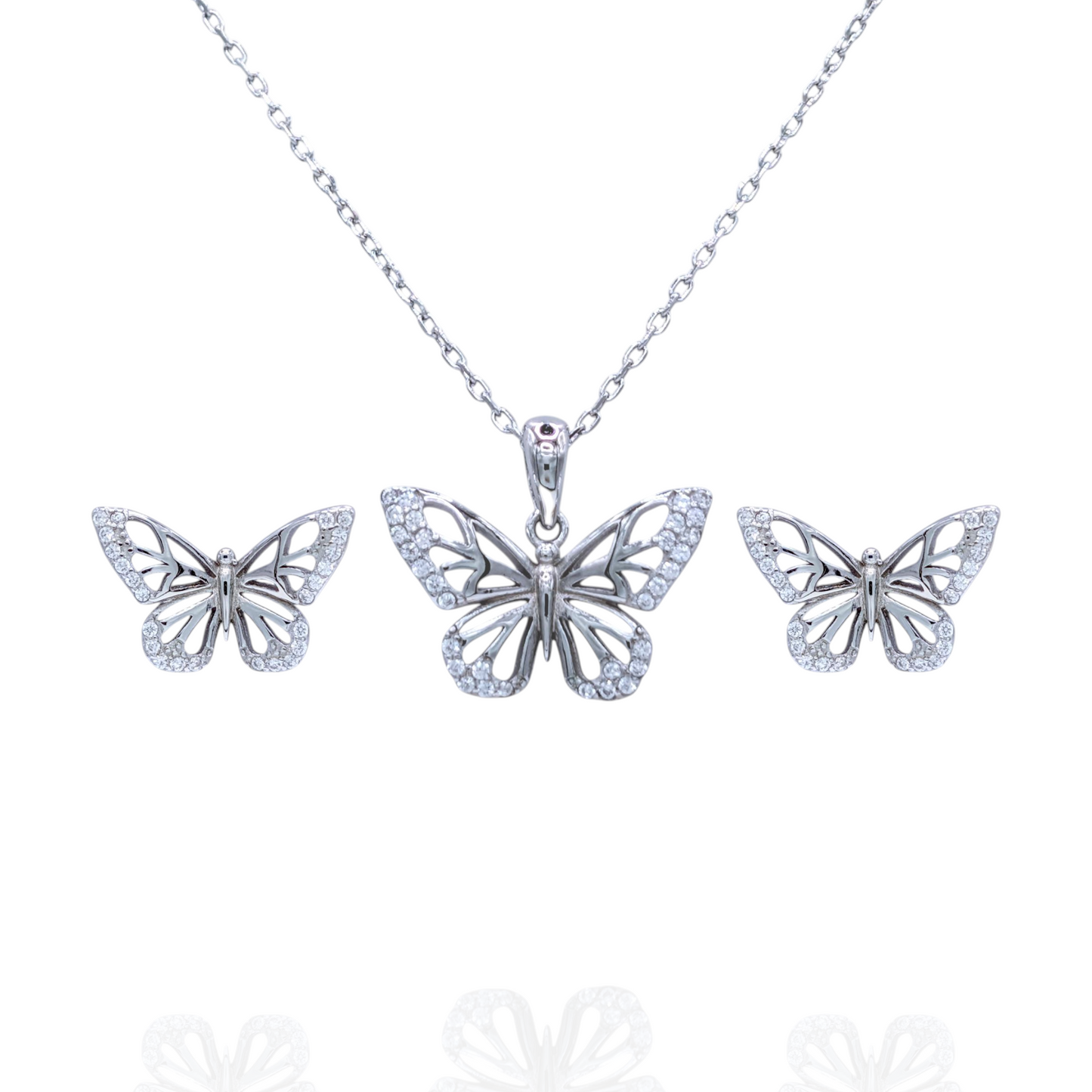 Parure Collier Boucles d'Oreilles Argent 925 Rhodié Papillon Oxyde Zirconium