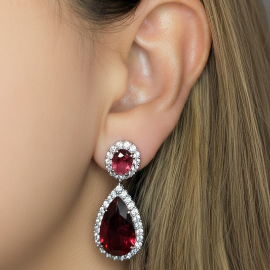 Boucles d'Oreilles Argent 925 Rhodié Pendantes Corindons Rouges Oxydes Zirconium