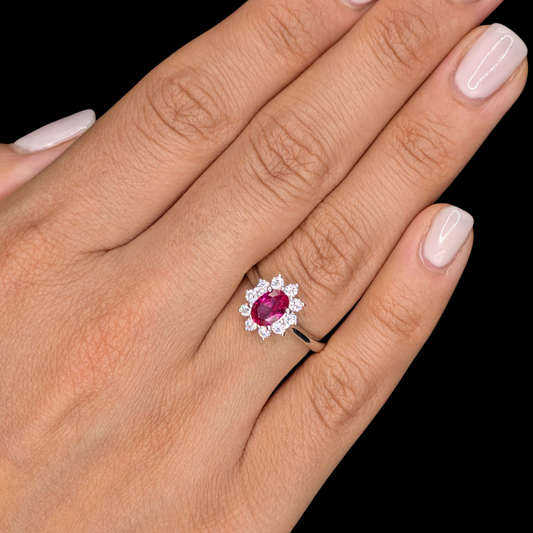 Bague Fleur Argent 925 Rhodié, Corindon Synthétique Rouge Rubis et Oxyde de Zirconium