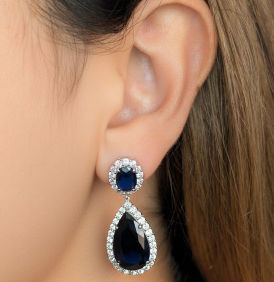 Boucles d'Oreilles Argent 925 Rhodié Pendantes Corindons Bleus Oxydes Zirconium
