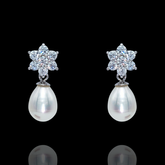 Boucles d'Oreilles Argent 925 Rhodié Fleurs Perles Oxydes Zirconium