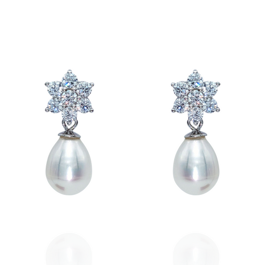 Boucles d'Oreilles Argent 925 Rhodié Fleurs Perles Oxydes Zirconium